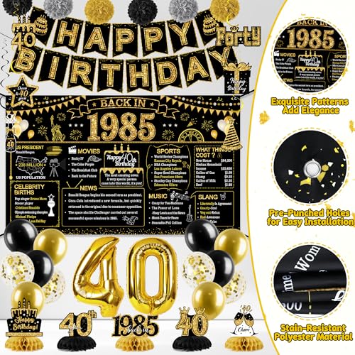 Image of 18 /30 /40 /50 /60 /70 /80th Happy Birthday Banner, 39 Pcs 40th Birthday Decorations, Large 1985 Theme Birthday Backdrop Black Gold Honeycomb Centerpieces, Number Balloon Swirls and Pompoms