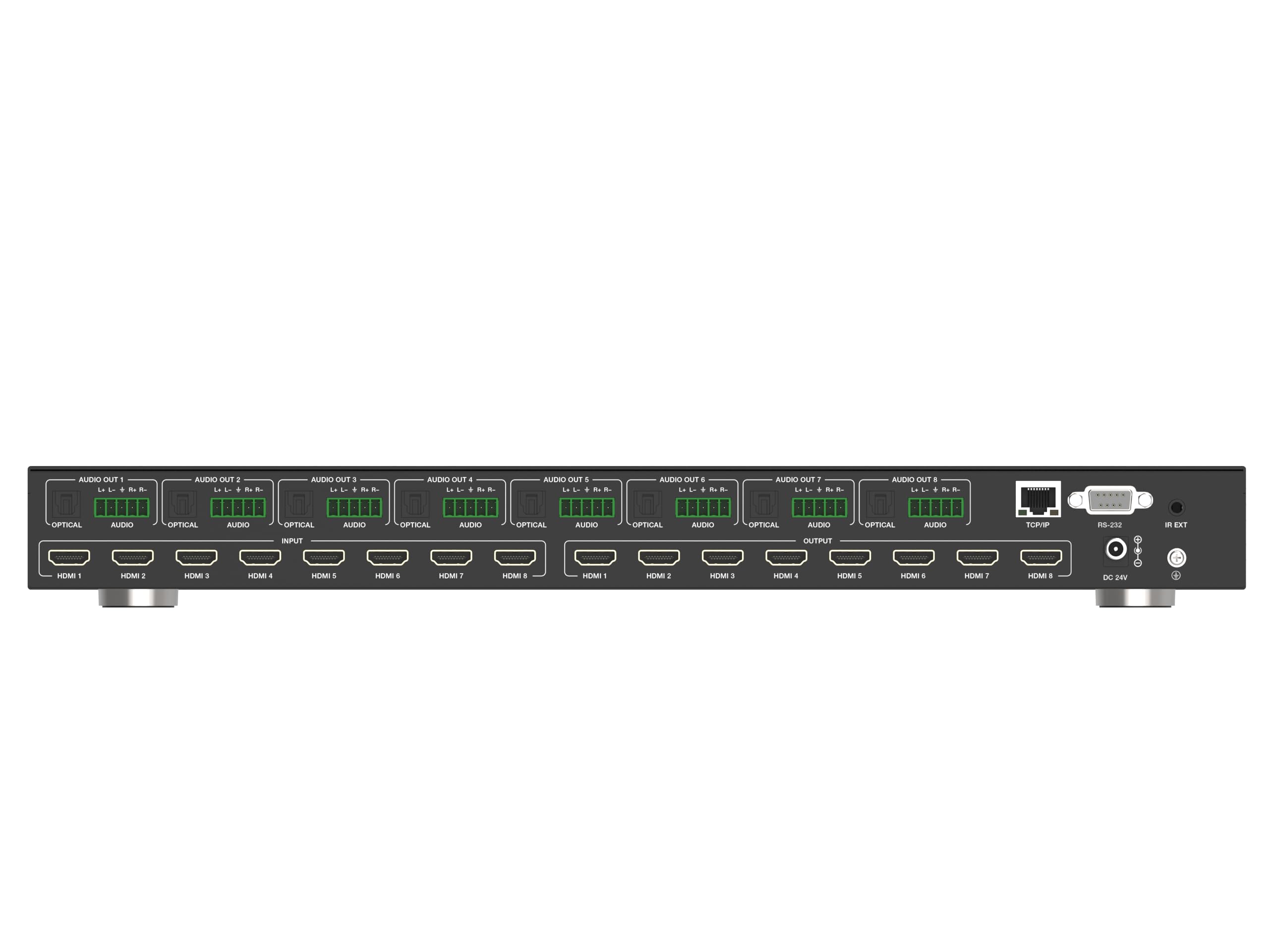8x8 8K HDMI Matrix Switch 8K60Hz YCbCr 4:2:0 10bit. HDMI 2.1 y HDCP 2.3. Conmutación rápida. Reducción de escala y desincrustación de audio. Diseño de montaje en rack 1U.