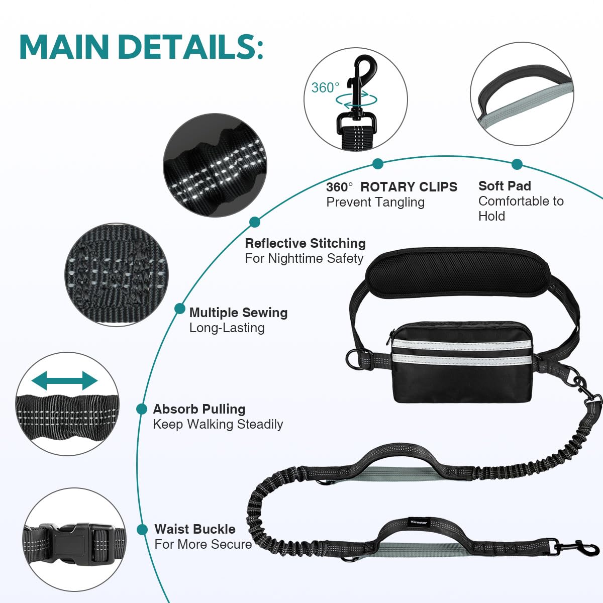 Hands Free Dog Leash with Pouch, Double Leash for Two Dogs, Retractable Bungee with Double Padded Handles, Waist for Dog Walking, Running for Dogs, Dog Walking Accessories: Grey-Green Midum Size Medium 2 Leashes