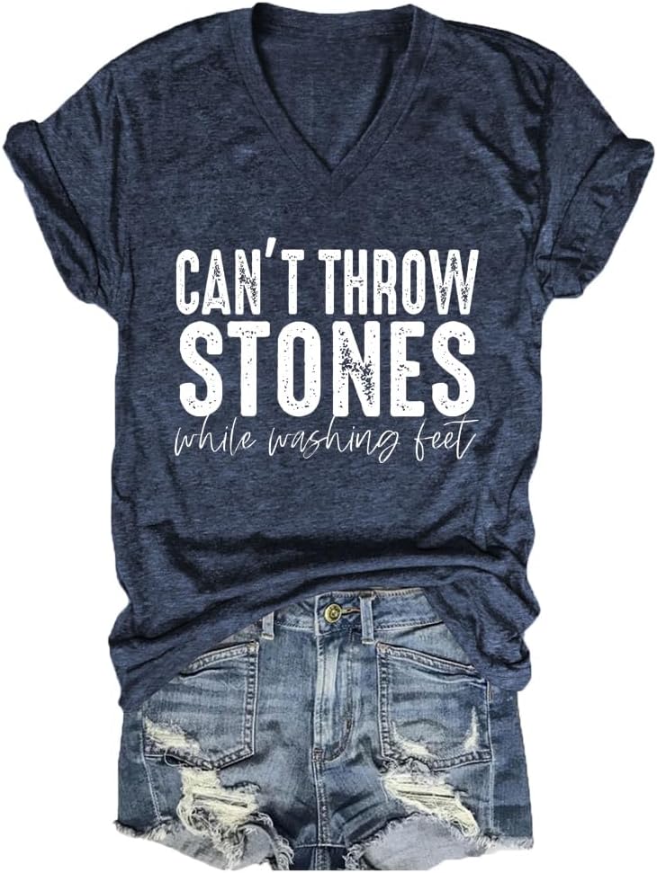 Christian Shirt for Women Can't Throw Stones While Washing Feet V-Neck Tshirt Religious Faith Shirts Bible Verse Top