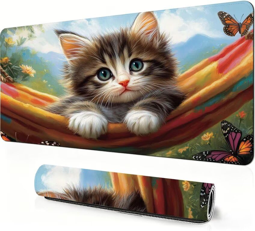 Tapis de souris XXL gaming chat papillon 800 x 300 mm base antidérapante