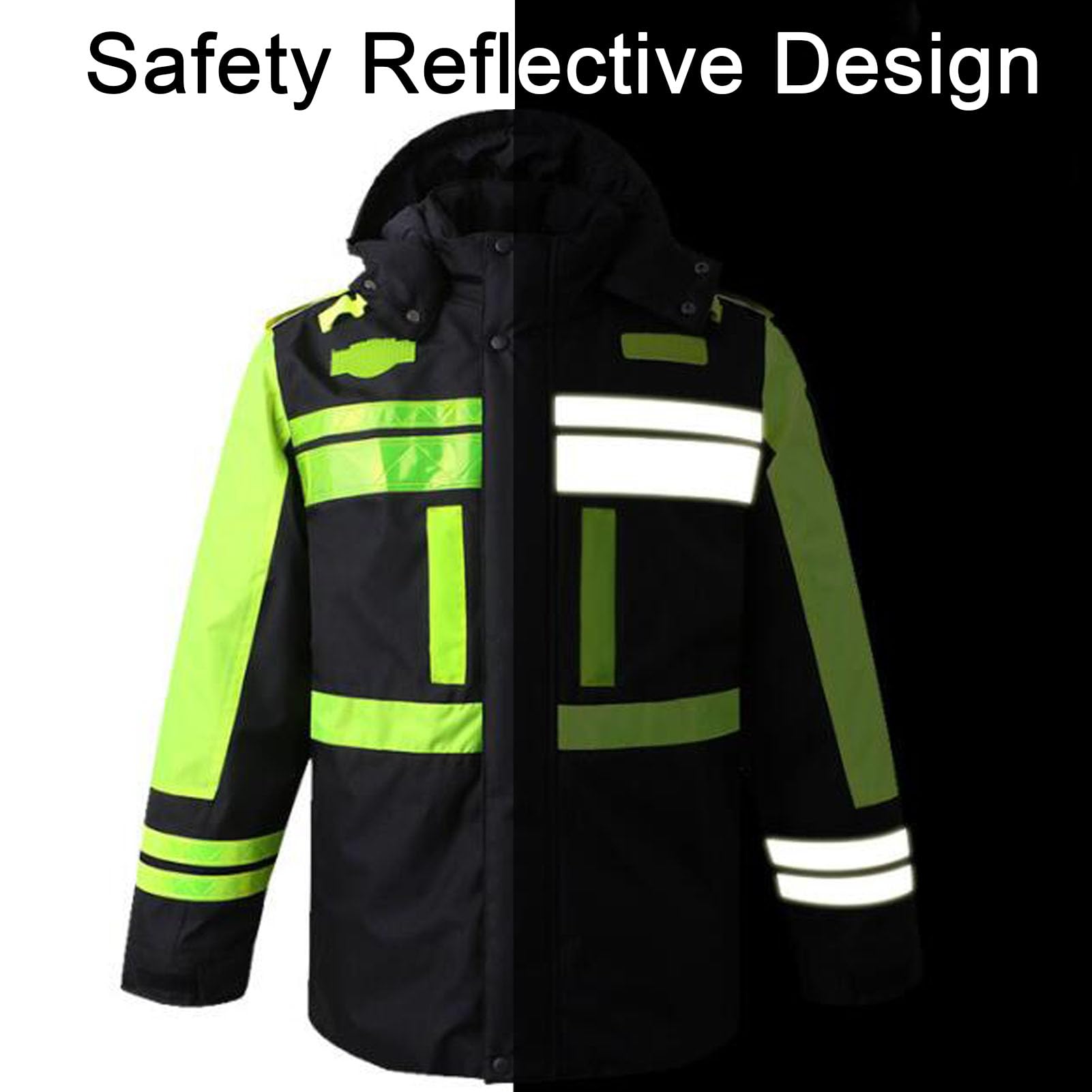 Chaqueta Workshell de Alta Visibilidad Cintas Reflectantes Cortavientos Impermeable con Capucha Sweatshirt Chaqueta Sudadera con Cintas Reflectantes,L,Black