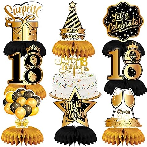 18th Birthday Table Decorations for Boys Girls, Black Gold Happy 18th Birthday Honeycomb Centerpieces for Table with Cake Topper, 18th Birthday Table Toppers for Him Cheer to 18 Years Party Supplies Cover