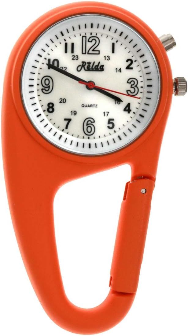 Relda Clip On Nurses Rubberised Orange Carabiner Light Pocket Fob Watch REL115