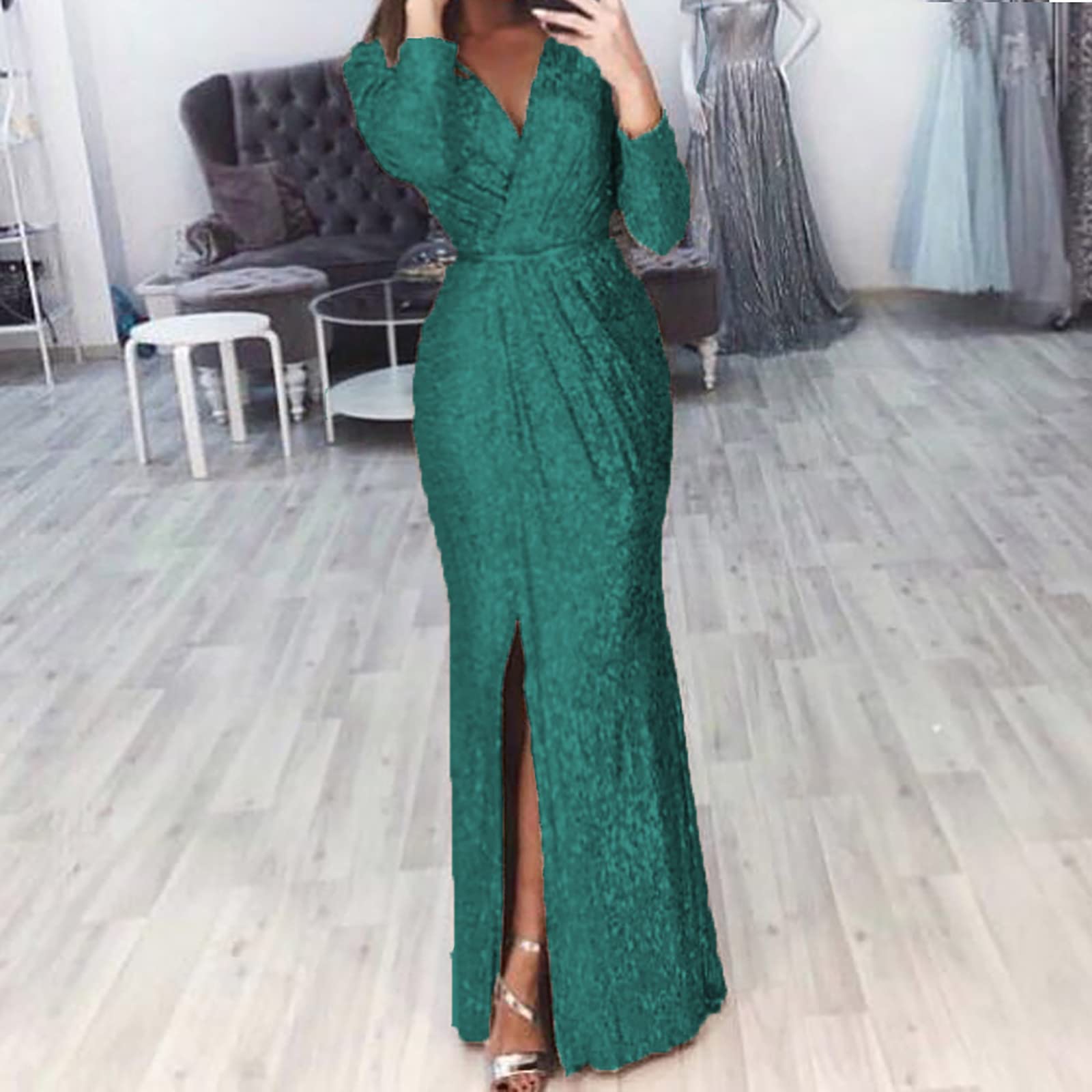 Vestidos de noche largos para mujer, boda, invitado de boda, elegante, vestido de noche, vestido de fiesta, de encaje, gasa, cuello en V, línea A, vestido de baile, elegante, A25