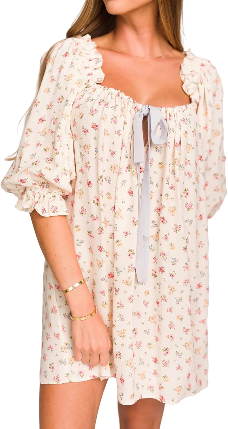 hibshaby Women's Babydoll Short Dress Puff Sleeve Cute Tie Mini Dress Floral Sundress - Image 2