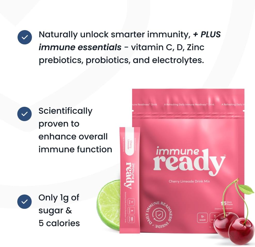 Immune Ready™ Immune Boost Drink Mix - Combo Immune Support, Gut Health, & Electrolyte Powder Packets with Vitamin C, Beta Glucan, Zinc, D3, Pre & Probiotics - Cherry Limeade - 15 Pack
