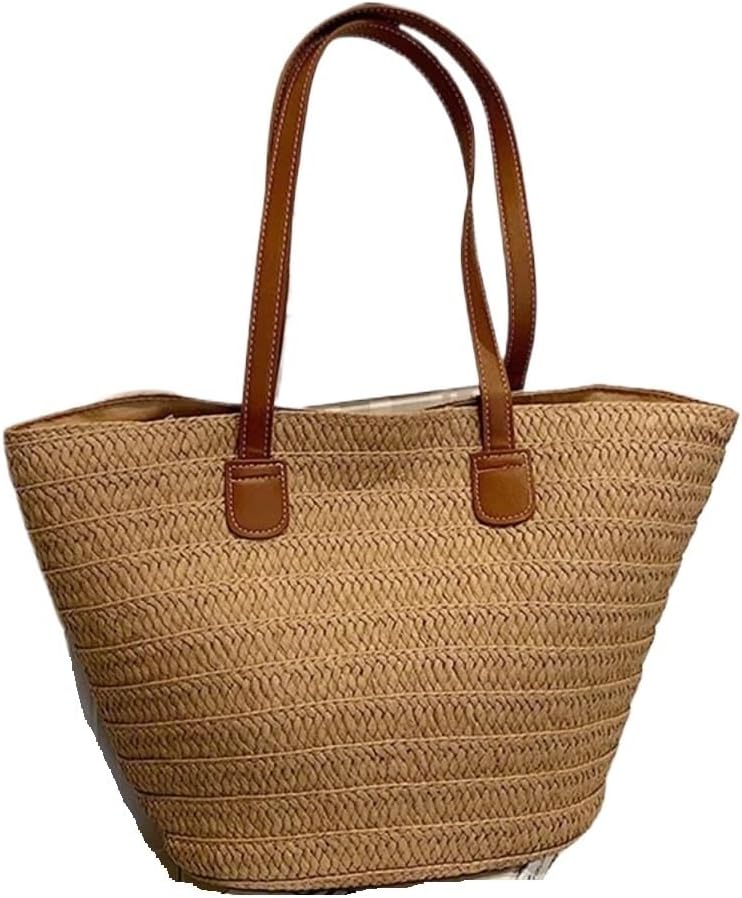 Women's Large Capacity Shoulder Bag Summer Straw Woven Basket Handbag Fashion Female Luxury Designer Beach Bag For Summer Travel(Khaki)