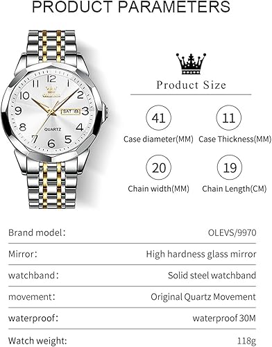 Miniatura 6 de OLEVS Reloj de lujo para hombre, vestido analógico de cuarzo, acero inoxidable, impermeable, luminoso, fecha, diamante, negocios, dos tonos, reloj