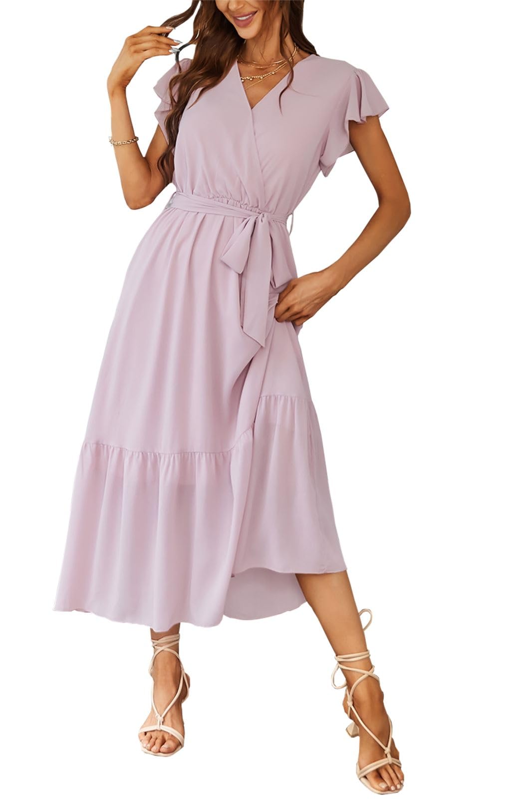Awemeal Elegante zomerjurk voor dames, V-hals, korte mouwen, lange