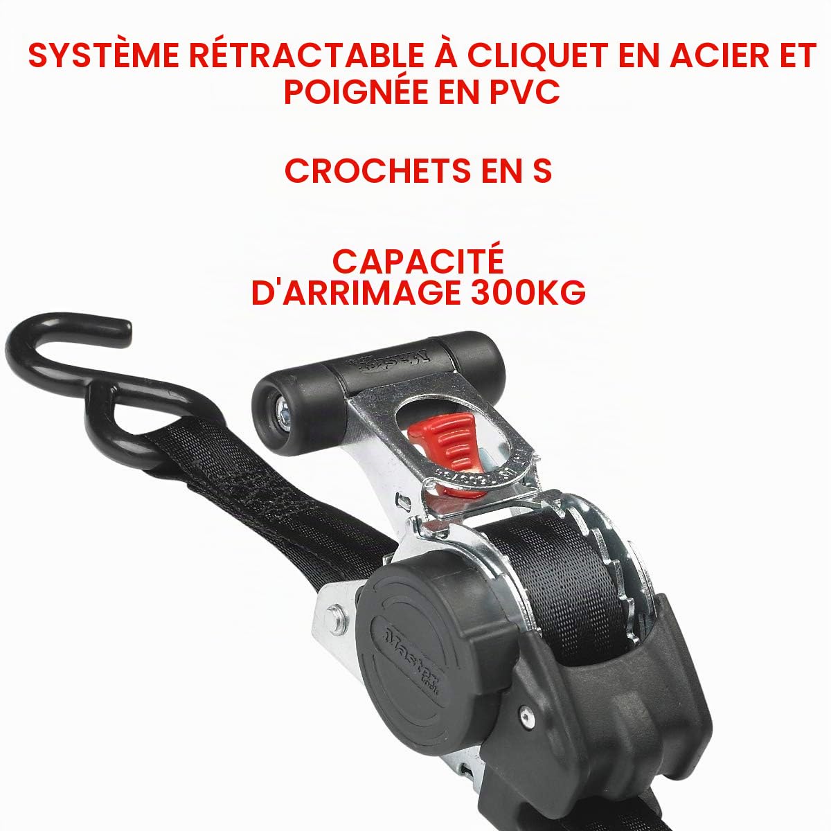 Master Lock 3238EURDAT Sangle d'Arrimage avec Crochets et Cliquet Rétractable, Noir, 3m x 25mm Sangle, Pack de 2