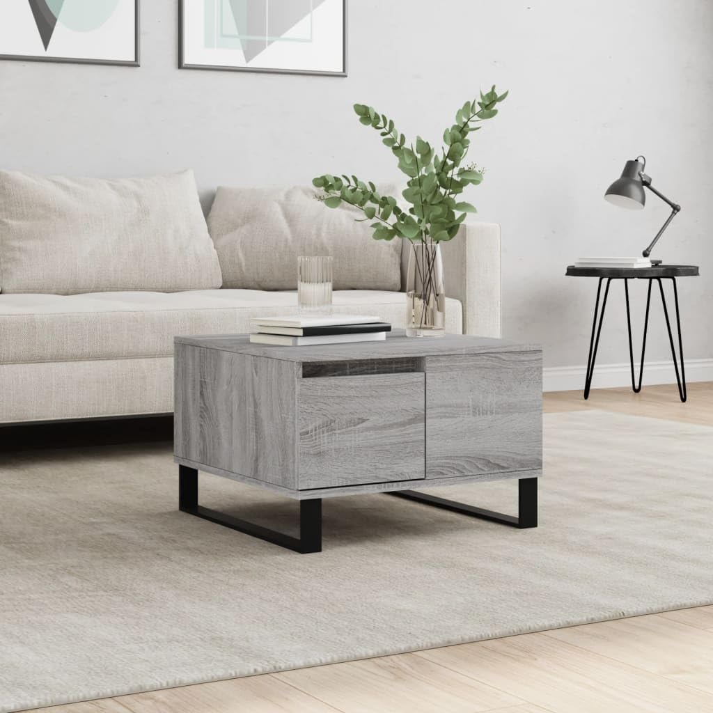 Table basse Sonoma gris 55x55x36,5 cm avec tiroir en bois d'ingénierie et pieds en métal pour salon
