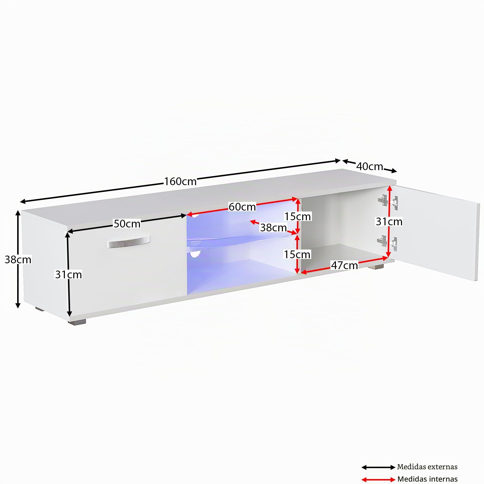 Vida Designs Cosmo - Mueble de TV LED de 2 Puertas Moderno Brillante MDF Mate para Sala de Estar, Mueble de Medios, Mueble RGB, Blanco Claro, 160 cm