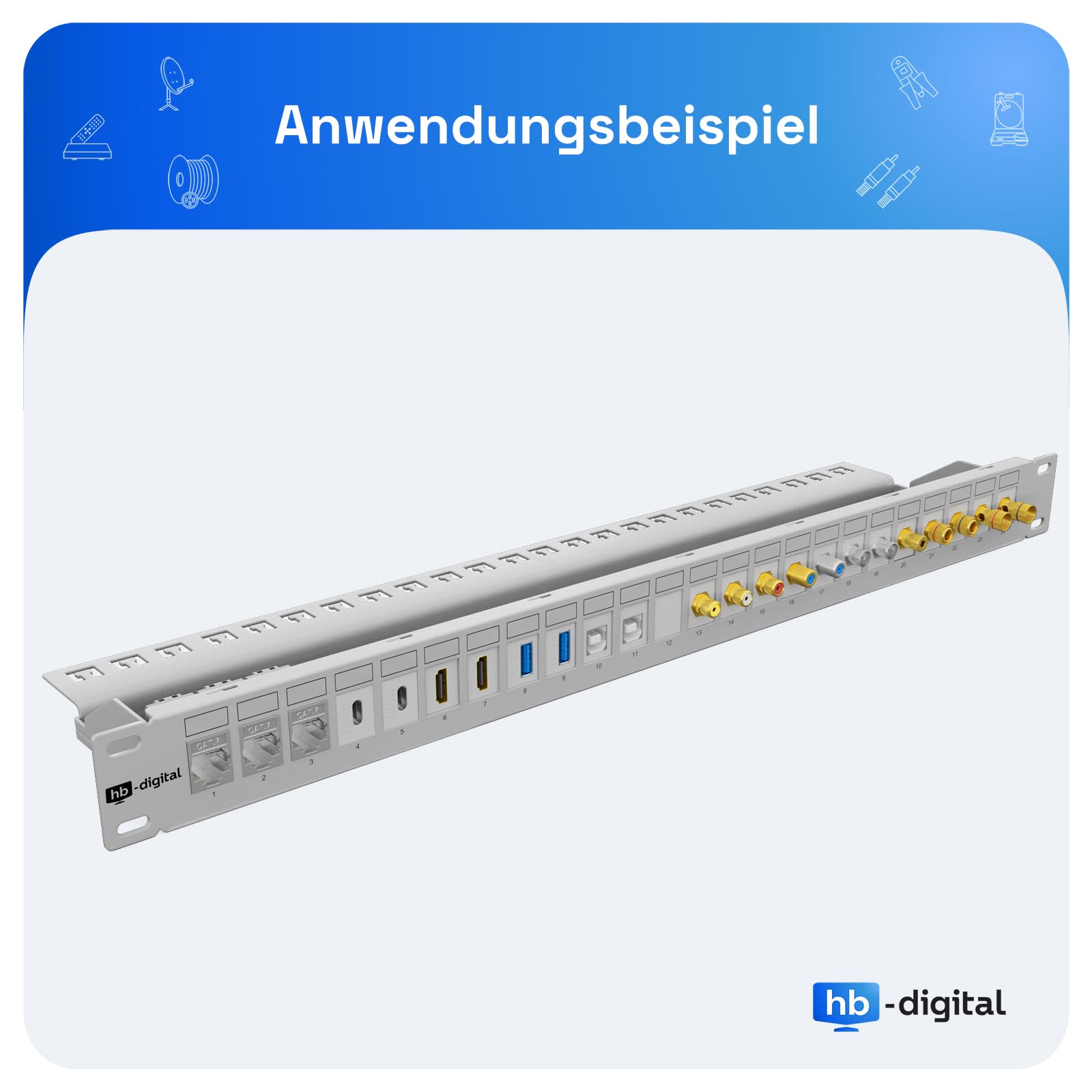 hb-digital Panel de distribución modular de 24 puertos para módulos Keystone RJ45 de 19 pulgadas, CAT 5, CAT 6, CAT 7, para armario de red LAN, profesional, TIA568A, TIA568B, cable de tierra – Gris