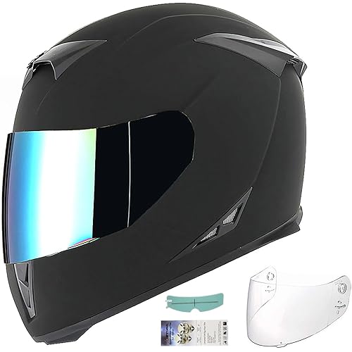 1Storm Motorcycle Full Face Helmet Skull Matte Black HJK311 + One Extra Clear Shield + One Anti Fog Film