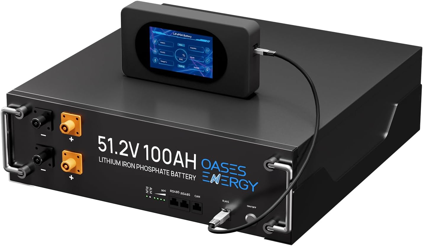48V 100Ah LiFePO4 Lithium Battery, With Metal Case, 5.12kWh Capacity, 51.2V 100Ah Server Rack Battery with Touch Monitor, Support CAN/RS485, Perfect for Home Energy Storage, Solar, Off-Grid, RV