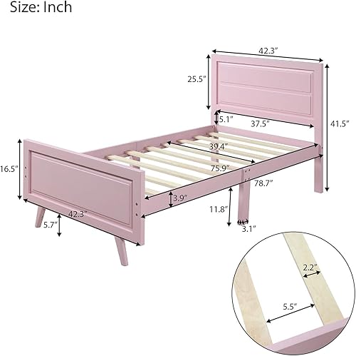 Miniatura 2 de SOFTSEA Base de cama de madera de plataforma individual con cabecero y estribo, base de colchón con soporte de listones de madera (individual, rosa)