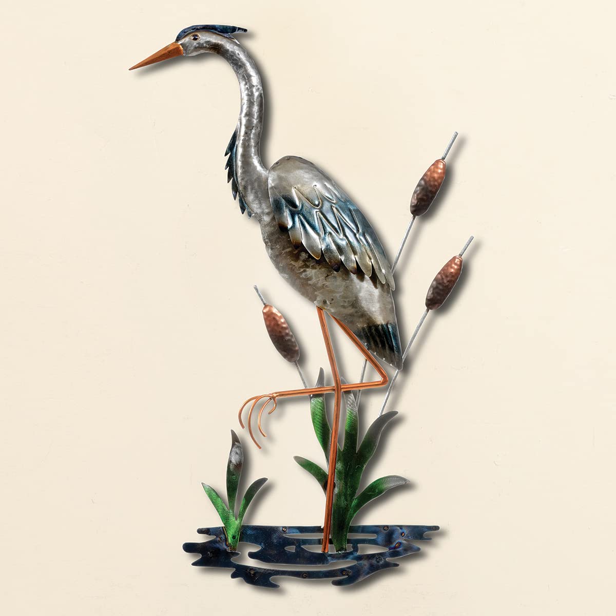 BLACK FOREST DECOR Silvery Heron Metal Wall Art – Wading Heron with Cattails, Iron Sculpture, 13.5" W x 1.25" D x 23.25" H