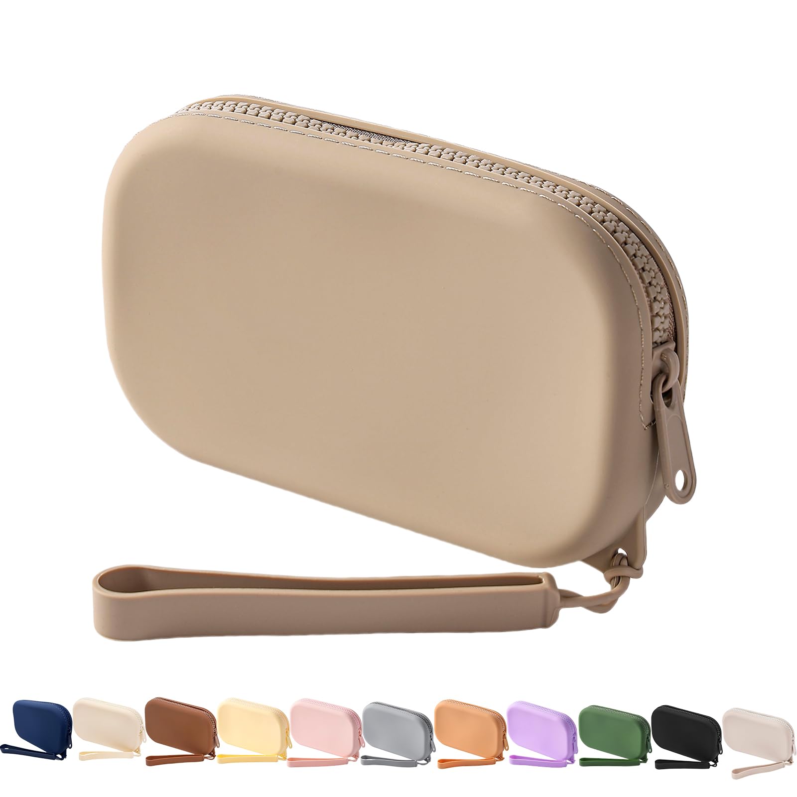 Photo 1 of WHHJM Small Silicone Multifunctional Essential Bag Portable Travel Makeup Bag for Women Men Cards Cash Bag Zipper Pouch (Khaki)