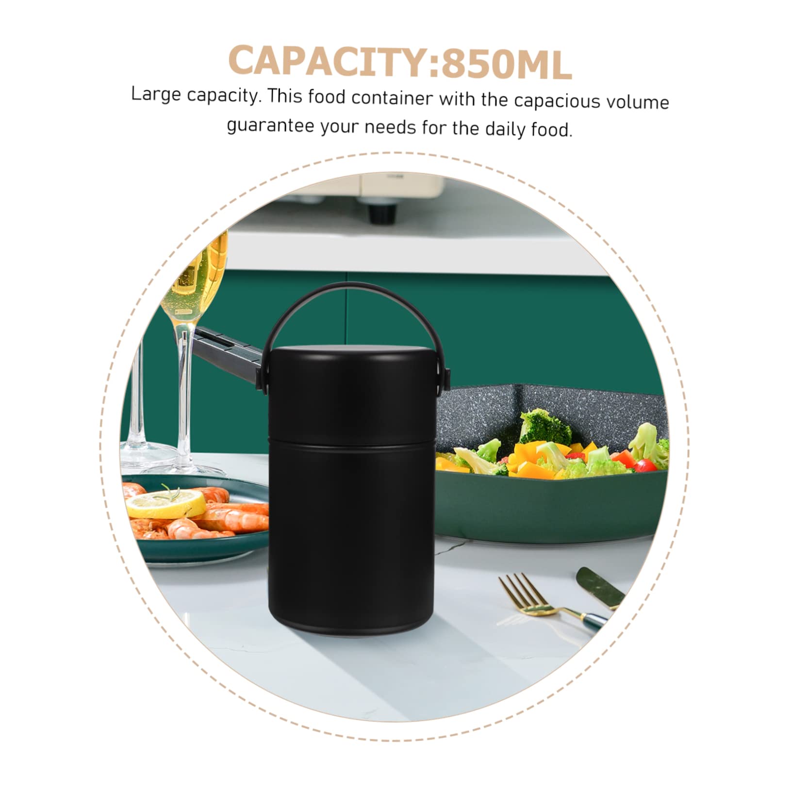 Tragbarer Edelstahl Essensbehälter 850ml Doppelwandiger Vakuum Wärmebehälter Auslaufsicher mit Löffel für Outdoor Aktivitäten Schwarz