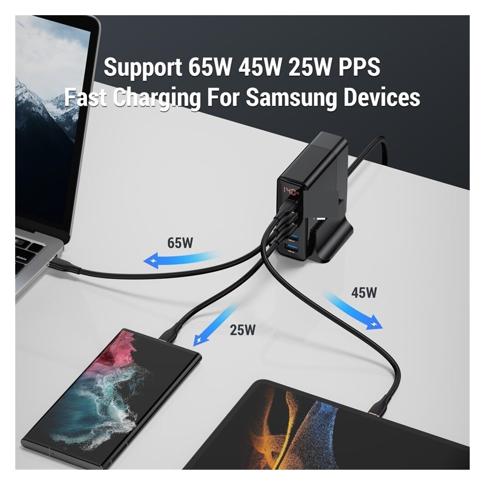 EDEDE Cargador USB C Multiple, Cargador rápido USB de Escritorio de la estación de Carga USB del Cargador 140W 5 Puertos USB PD 100W PPS, Universal Cargador USB C