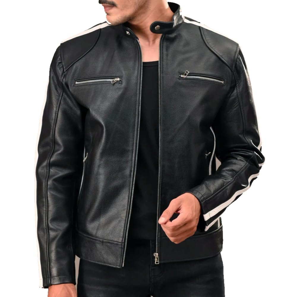 ジャケット・アウター Vintage Leather Jacket Stripe Mens Black Cafe Racer Vintage Motorcycle White Stripes