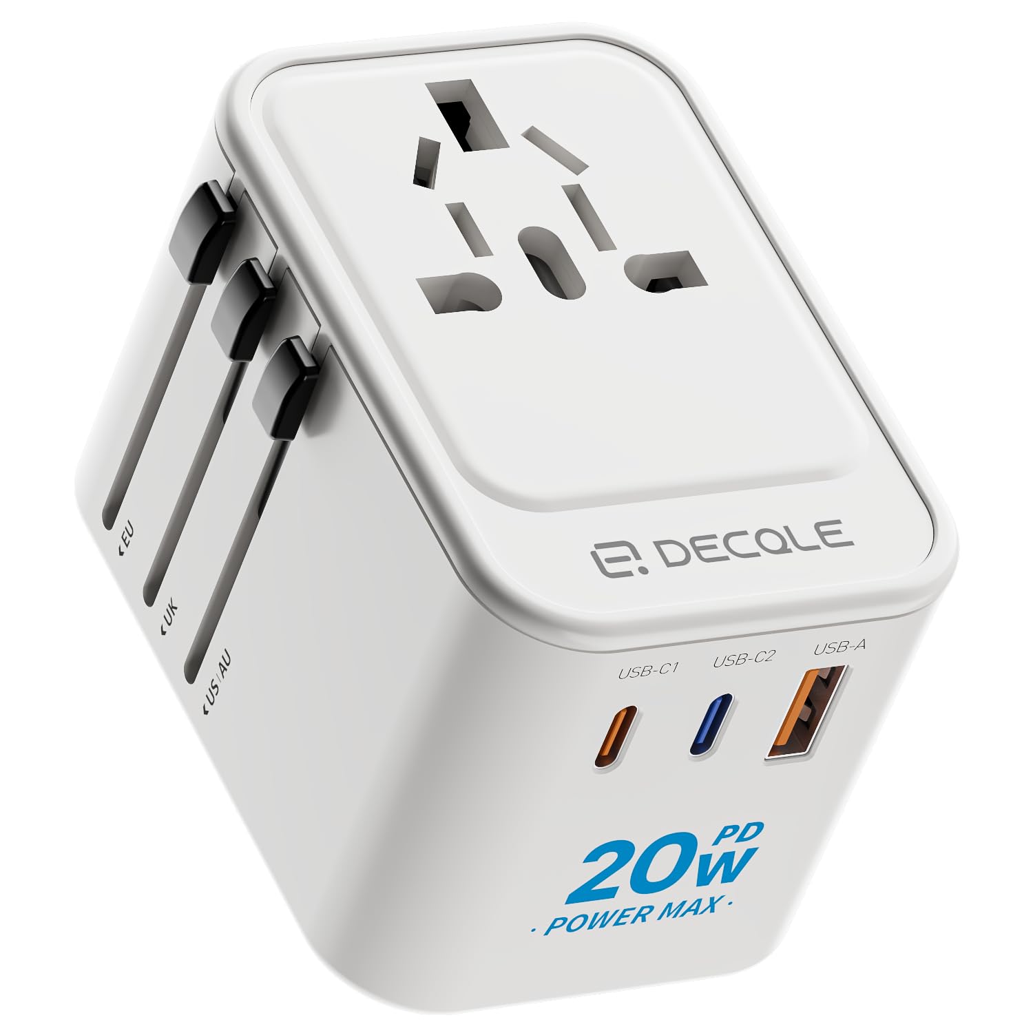decqle Universal Travel Adapter, International Travel Plug Adapter with 2 USB-C(PD 20W) & 1 USB-A Ports, All in One Portable Adaptor, for USA, UK, EU, AU & 224+ Countries (White)