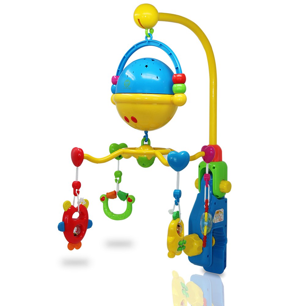 Crib Musical Mobile, AwesomeBaby Cot Baby Mobile with 4 Baby Toys, Creates Calming Music and Soft Starry Light, Rotating Cot Baby Projector, Blue and Yellow