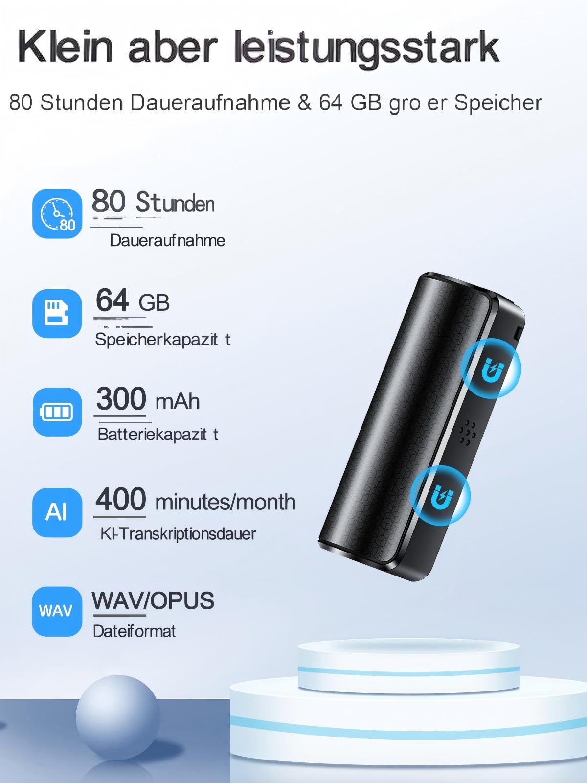 64GB magnetischer KI-Sprachrekorder mit App-Steuerung, Rauschunterdrückung, Spracherkennung, Zusammenfassung & Mindmapping – 58 Sprachen, ideal für Interviews, Vorträge & Meetings