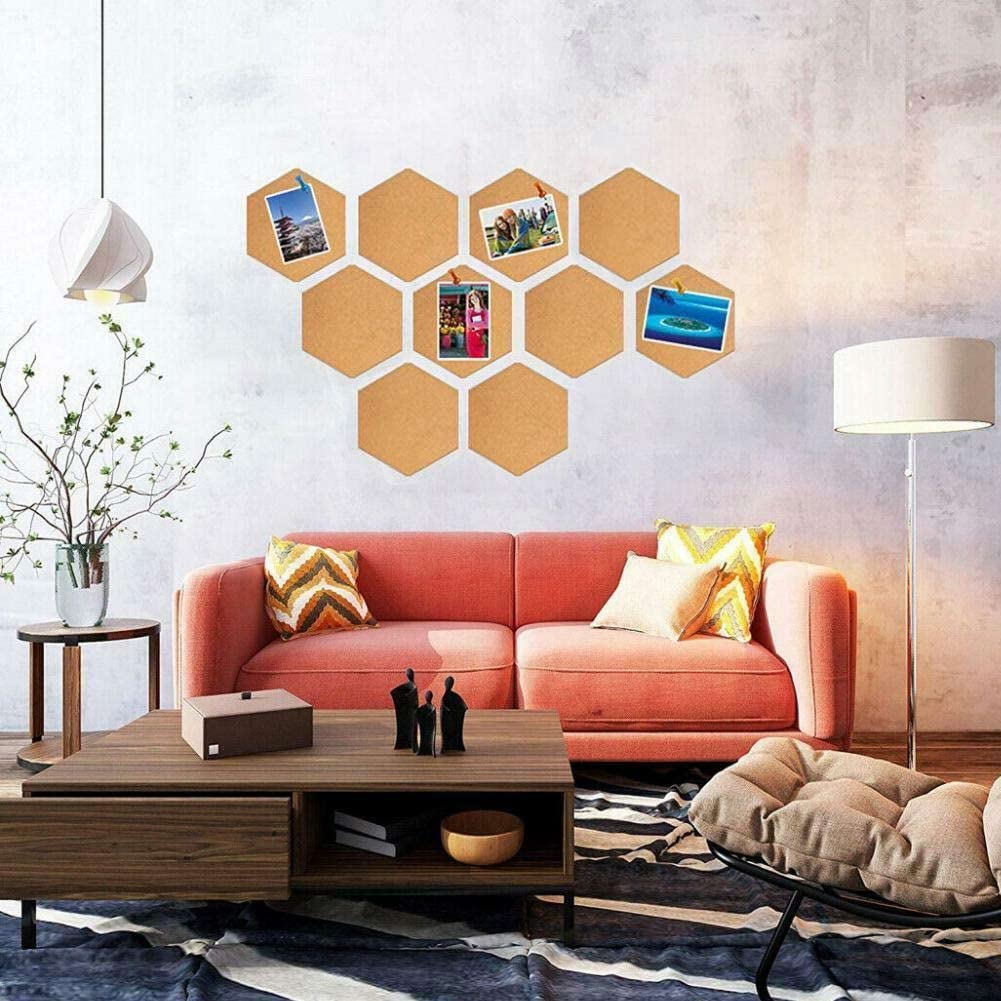 BAKAJI Set 10 PZ Bacheca Lavagna di Sughero Esagonale Adesiva Decorazione Casa Arredamento Ufficio Design Moderno per Parete Muro Con Puntine Dimensione 15x17 cm