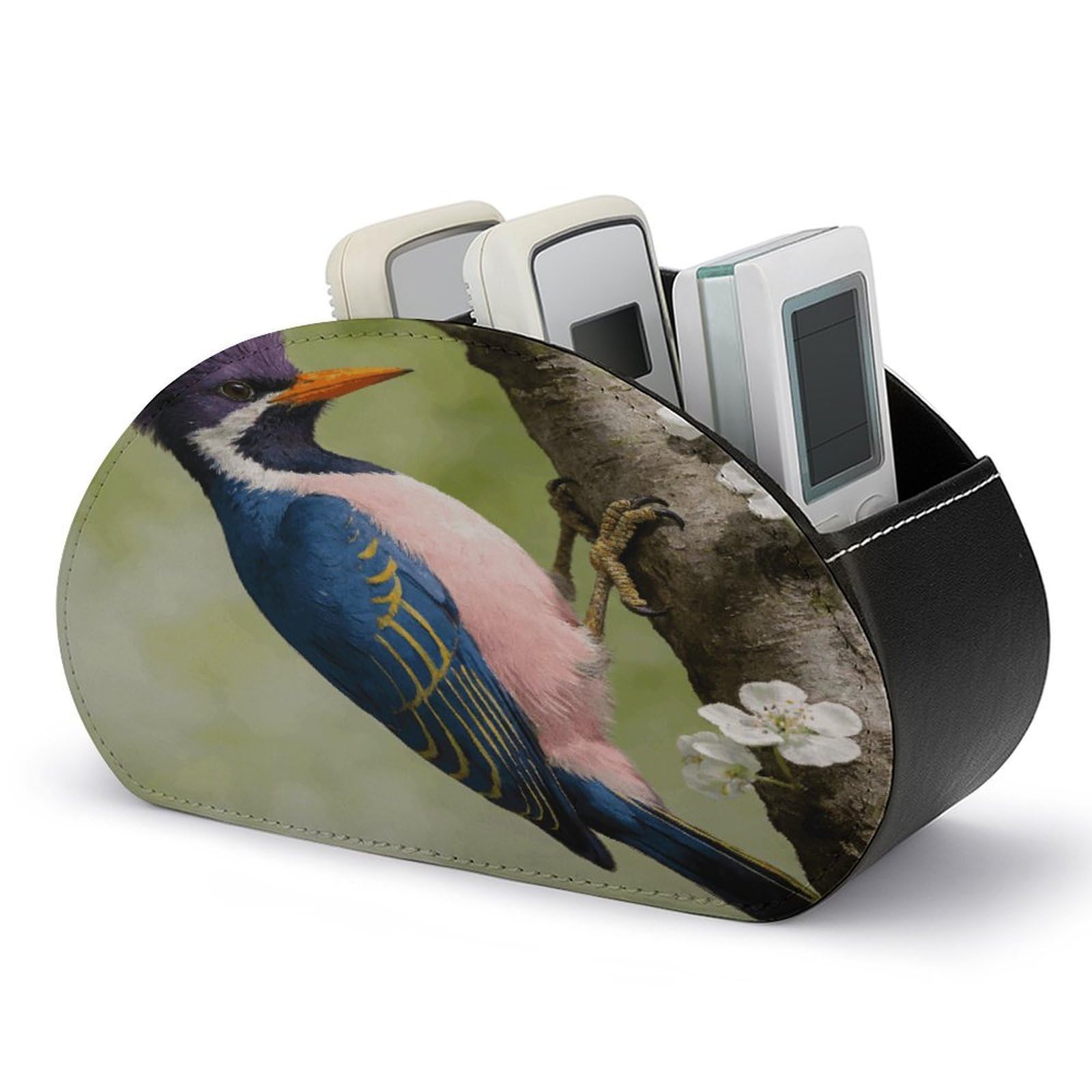 FodPand Woodpecker Remote Control Holders PU Leather Remote Caddy Desktop Organizer with 5 Compartments TV Remote Holder Box Tray for Bedside Table Office Desk Accessories&Gift