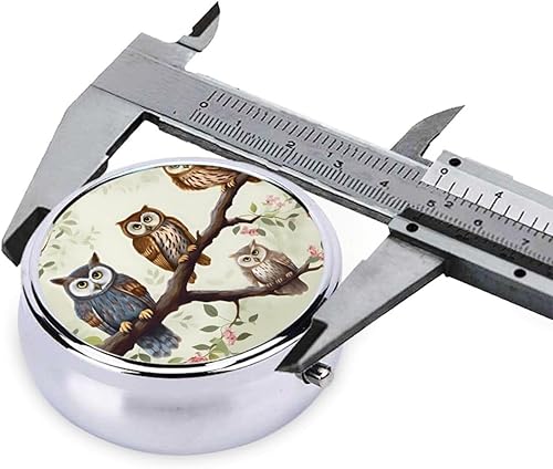 Miniatura 4 de Pastillero redondo con estampado de búhos en una rama, 3 compartimentos, pastillero portátil para medicina diaria, suplemento vitamínico