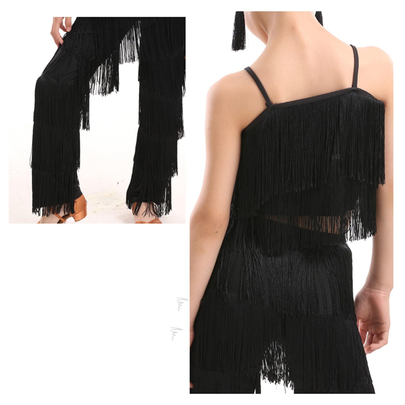 Falda Con Flecos De Baile Latino For Niñas, Top Corto + Pantalones, 2 Piezas, Ropa De Baile De Competición, Vestido De Baile De Salsa Tango Con Borlas, Disfraz De Actuación En Escenario