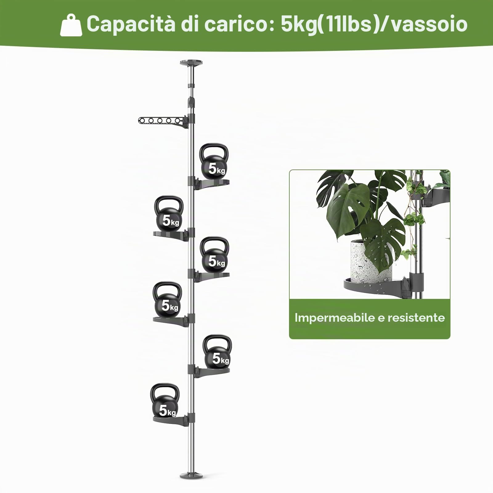 BAOYOUNI Supporto Porta Piante Telescopica da Interno Portavasi Scaffale Portafiori a 7 Ripiani Espositore per Fiori Scaffalatura in Metallo, Altezza Regolabile 230 - 290cm, Grigio