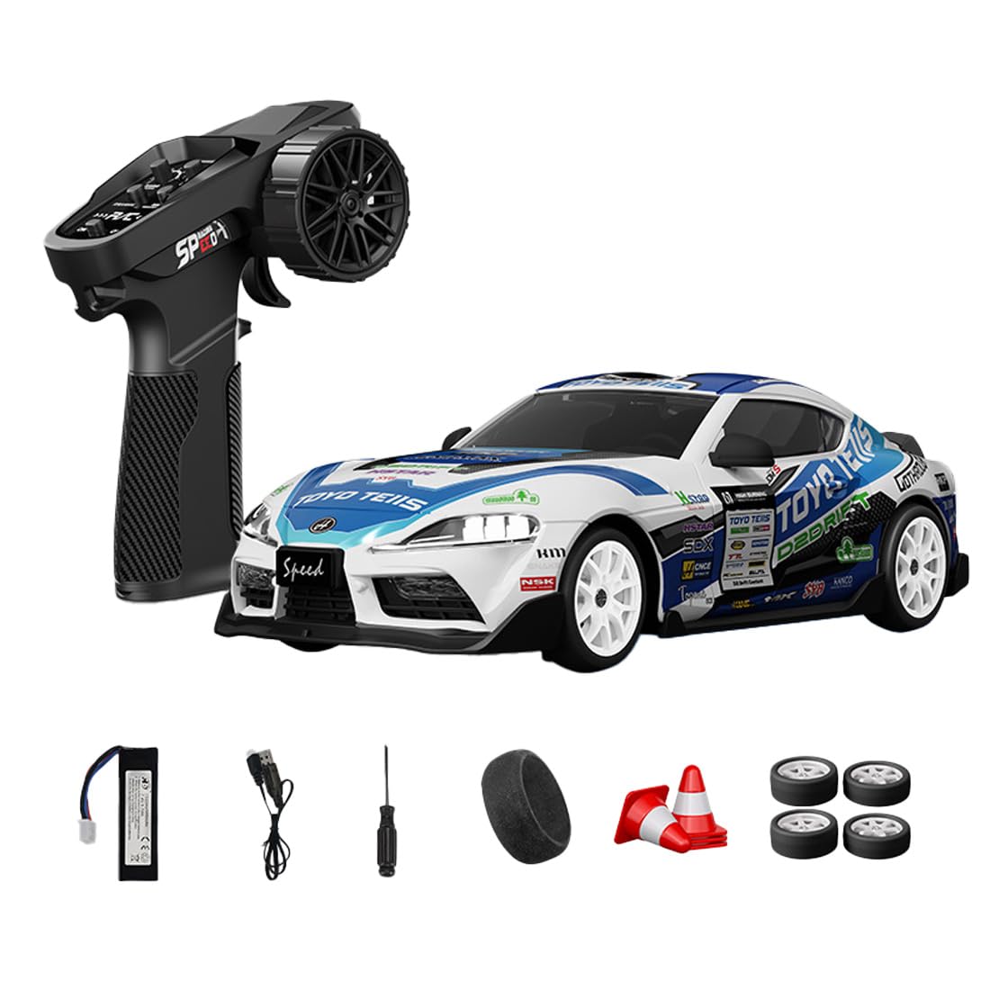 NULA 1:24 RC Drift Car, D24 RTR Full Proportional 4WD High Speed Remote Control Car with Gyro, Dual Drift Racing Tires, LED Light Effects for Adults- (S7 White Blue / D24-01)
