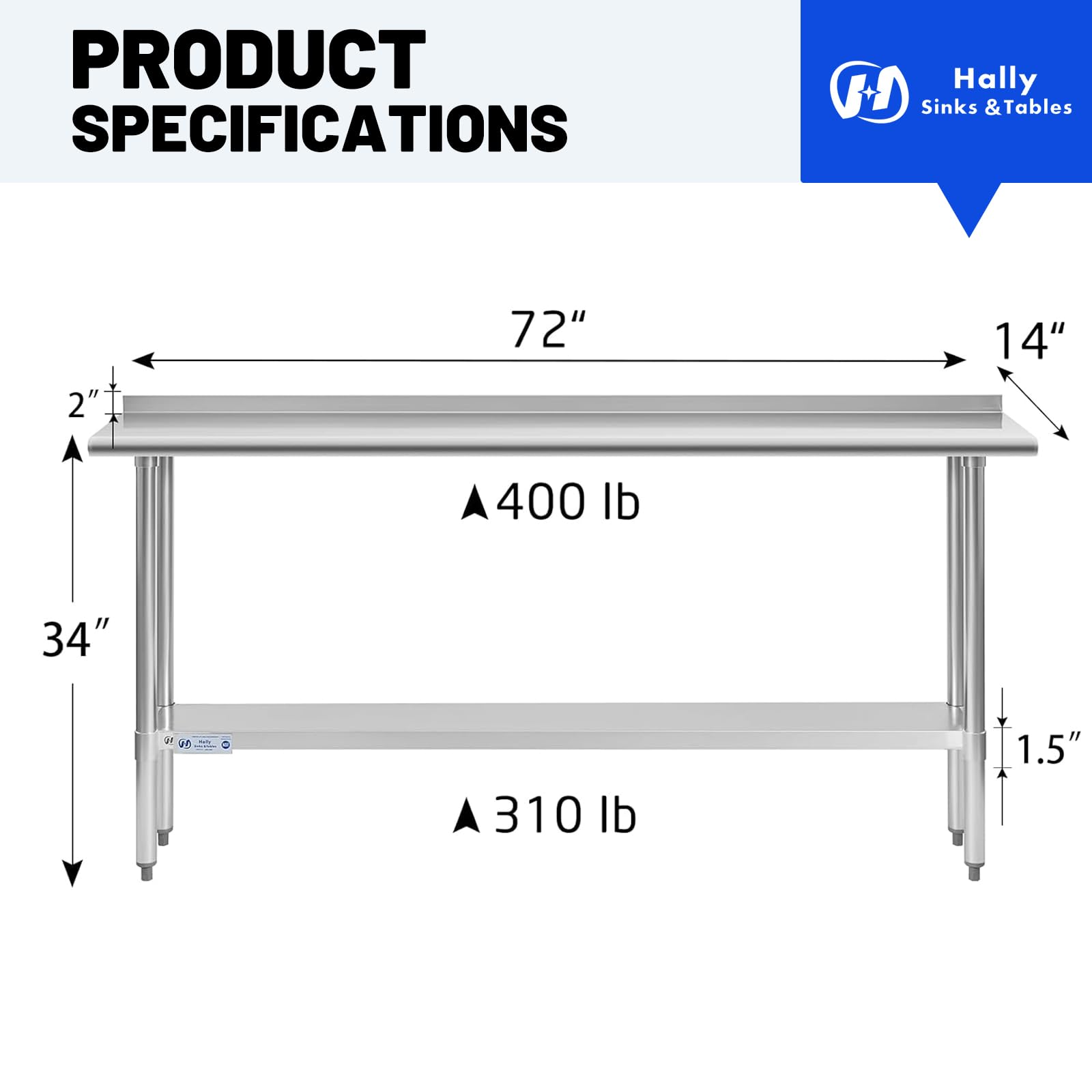 Hally - Mesa de acero inoxidable para preparación y trabajo, 14 x 72 pulgadas, mesa comercial NSF resistente con estante inferior y protector contra salpicaduras para restaurante, hogar y hotel