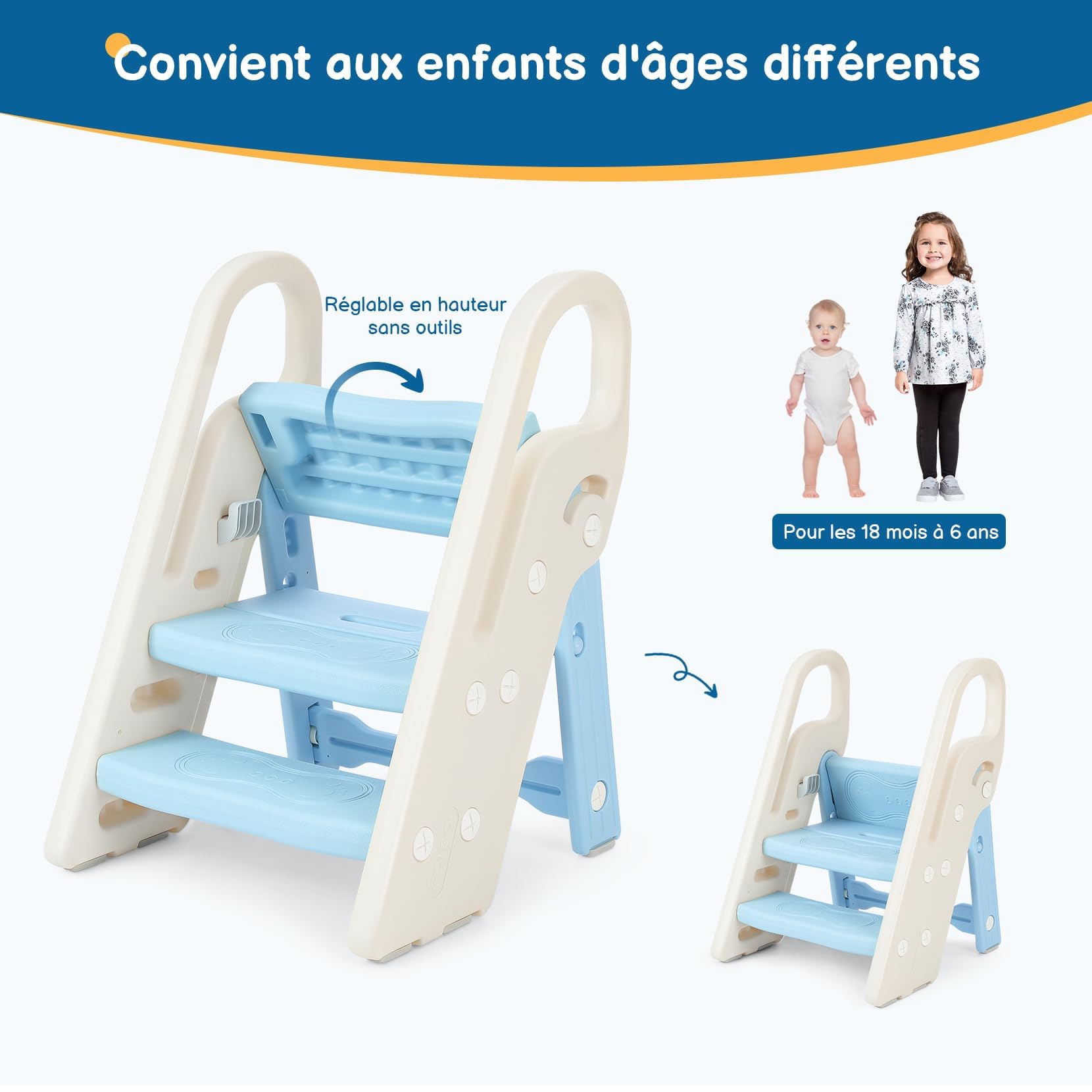 Onasti Sgabello a tre gradini pieghevoli per bambini, Scaletta 3 gradini, Sedile per Addestramento WC, Multifunzione, Regolabile in Altezza, Antiscivolo (Blu)