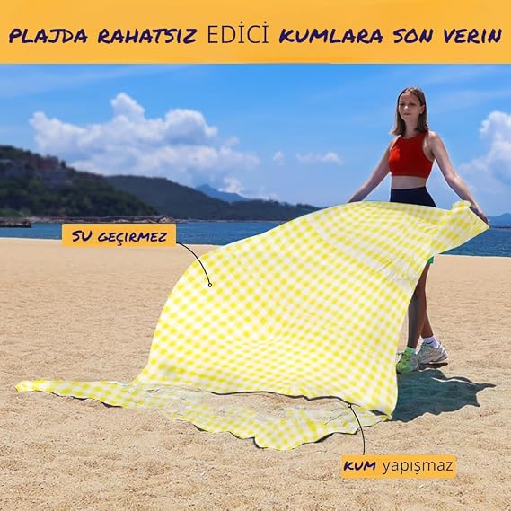 Plaj Havlusu, Piknik Örtüsü, Plaj Matı, Çantalı Plaj Hasırı,Kamp Battaniyesi, Kamp Matı, Katlanabilir, Hafif, Su Geçirmez, Piknik Matı Kum Geçirmez (Beyaz-Sarı Kare)