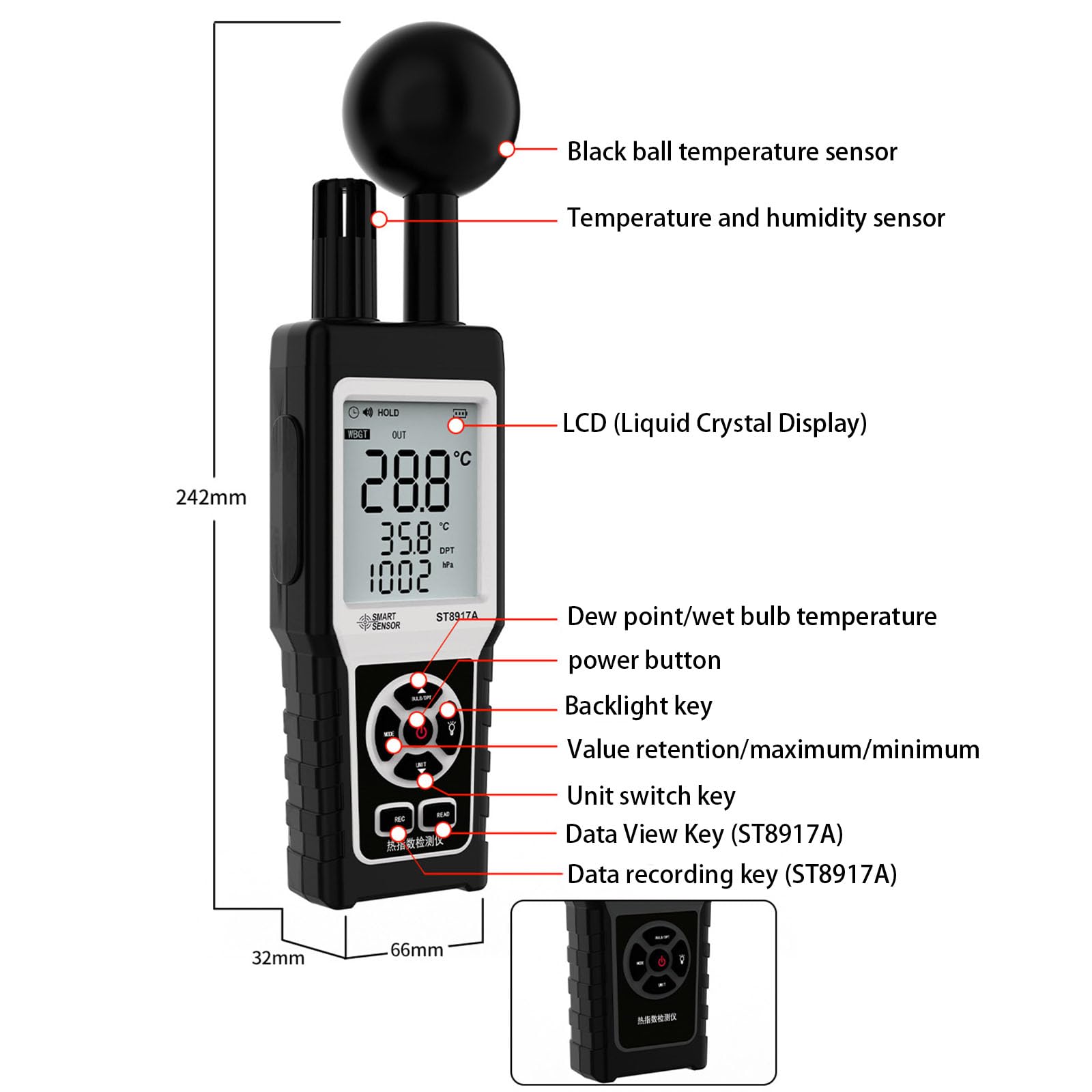 Premium Umweltmonitor für Temperatur, Luftfeuchtigkeit, Druck mit Datenprotokollierung für den Innen und Außenbereich Black World Thermograph Digitales WBGT Messgerät