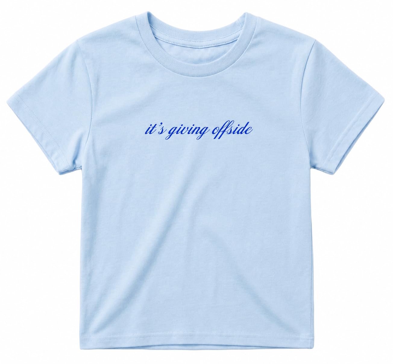 Sanfran Clothing It's Giving Offside Baby Tee T-Shirt Top World Football Shirt England Scotland Country Team 2026 Soccer Womens Flag Varsity Shirt Light Blue (Blue Text) - Medium