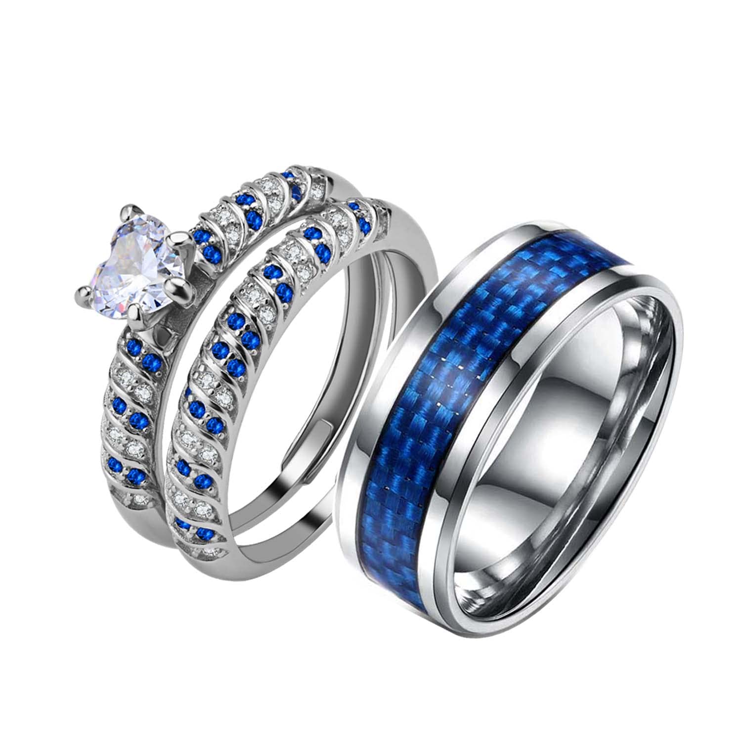 LOVERSRING Wedding Ring Sets His and Hers Promise Ring Adjustable Size Wedding Ring Sets His and Hers Couples Women 925 Sterling Silver Round Cz Man Titanium Wedding Bands