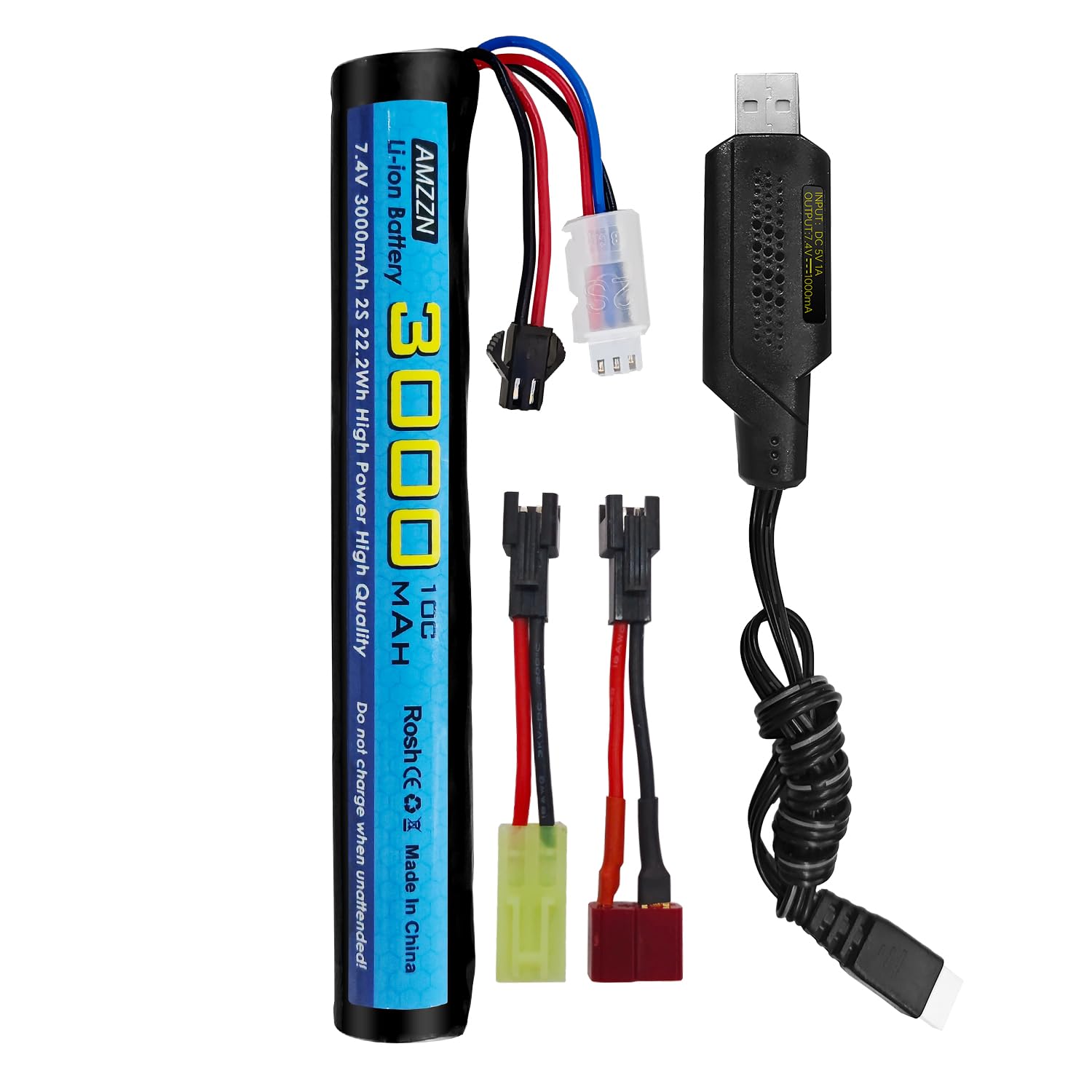 AMZZN 7.4V 10C 3000mAh SM-2P Plug Li-ion Battery with USB Charging Cable for SRB1200 SRB400 SRB400-SUB MP5K M4 M110 Airsoft Gel Water Droplet Blaster,