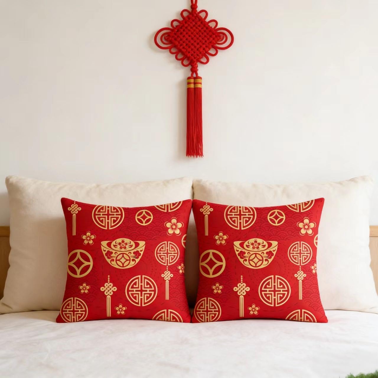 KYMY 2026 Chinese New Year Cushion Covers – Set of 4, 17.5 x 17.5 Inch Fu Character Lucky Prosperity Spring Festival Lunar New Year Polyester Throw Pillow Covers for Couch Sofa Home Decor