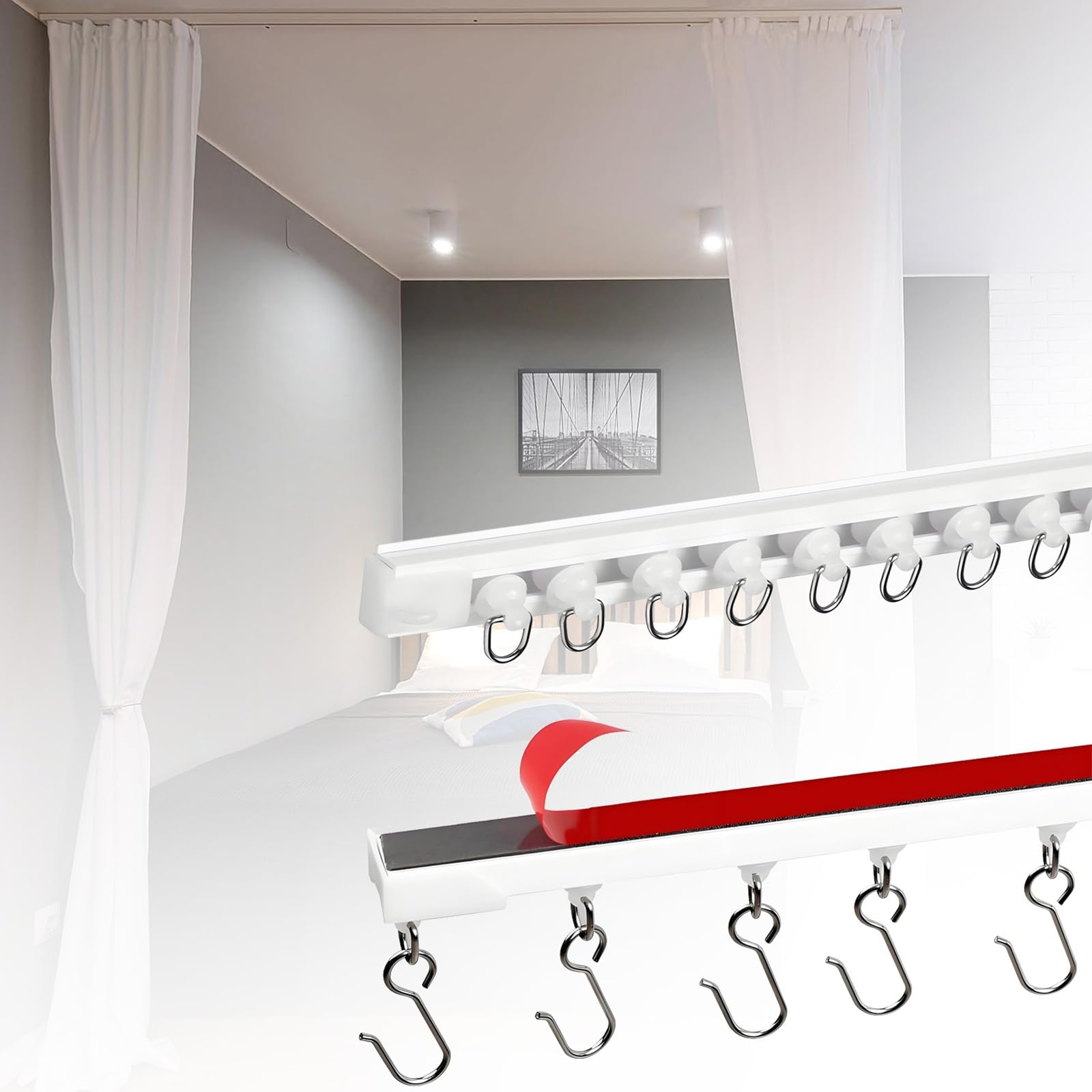 Système de crochets auto-adhésifs pour rideaux sans perçage - Barre de support de plafond silencieuse - Installation facile pour chambre à coucher, salon, bureau (5,70 m)