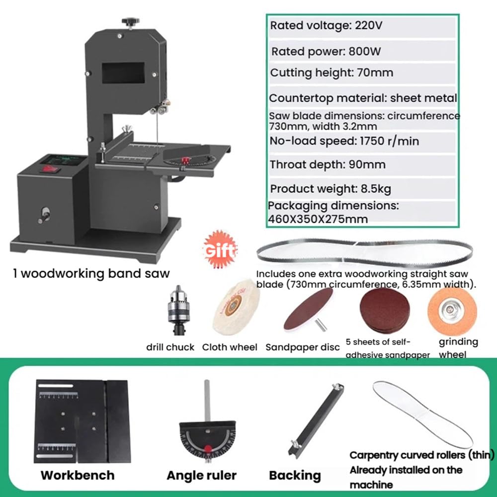 Sierra de cinta de mesa con muela abrasiva para carpintería, potencia de 800 W, altura de corte de 70 mm, ideal para pequeños talleres y cortes de precisión