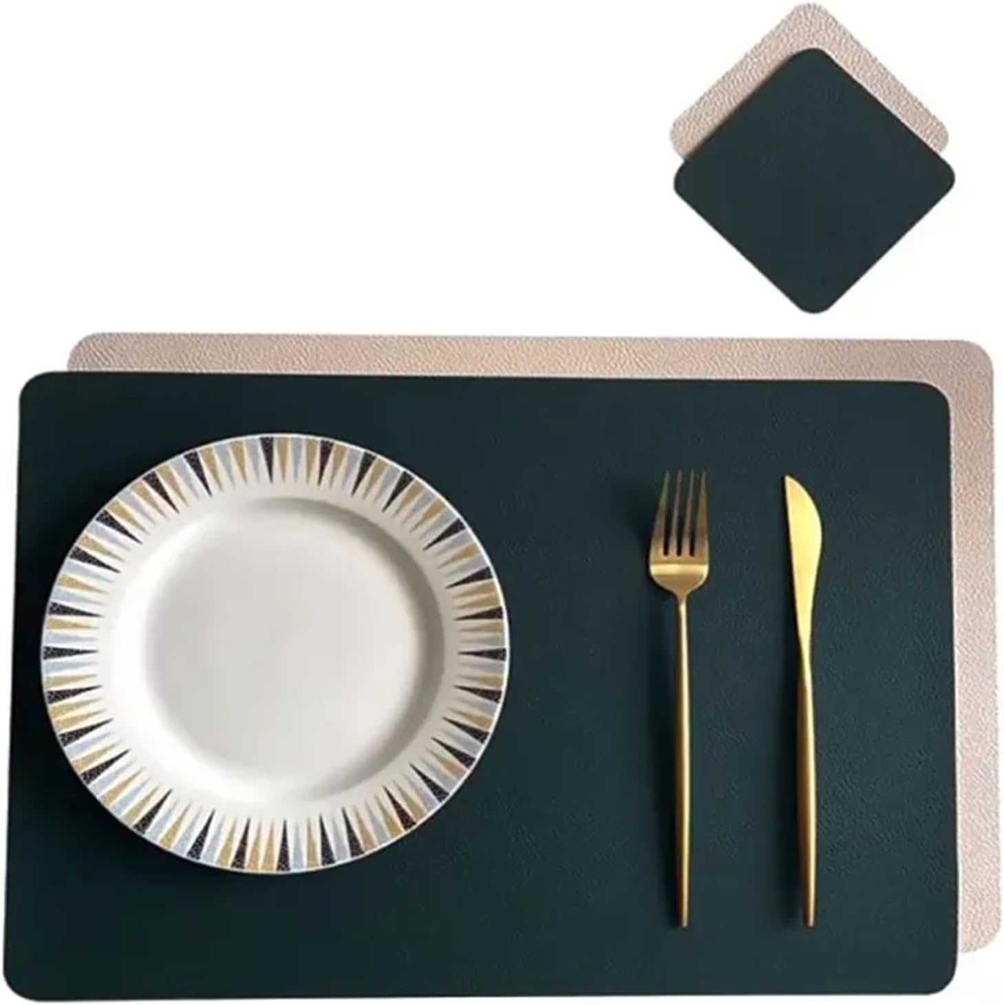 Square Placemats and Coasters Pink Grey Double-Layer Gift Table Dining Place Mat,Oil Non-Slip Place Mats(DP Green Cream,4sets)