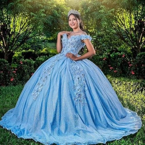 Long Prom Dress Off The Shoulder Quinceanera Dresses Ball Gown Tulle 3D Hand Made Flowers Sweet 16 Dresses3
