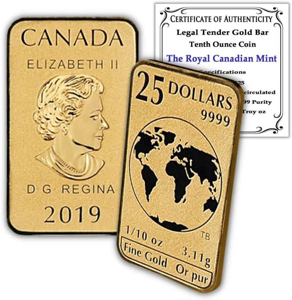 2019 1/10 oz RCM Gold Bar Coin by the Royal Canadian Mint Brilliant Uncirculated with Certificate of Authenticity $25 BU