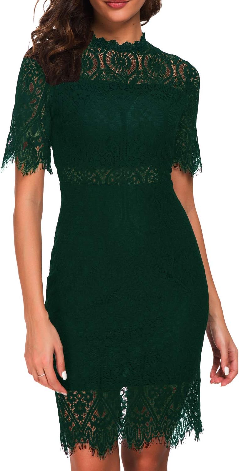 ZalalusWomen's Elegant High Neck Short Sleeves Lace Cocktail Party Dress