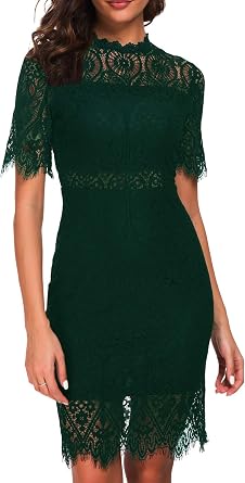 Womens Elegant High Neck Short Sleeves Lace Cocktail Party Dress